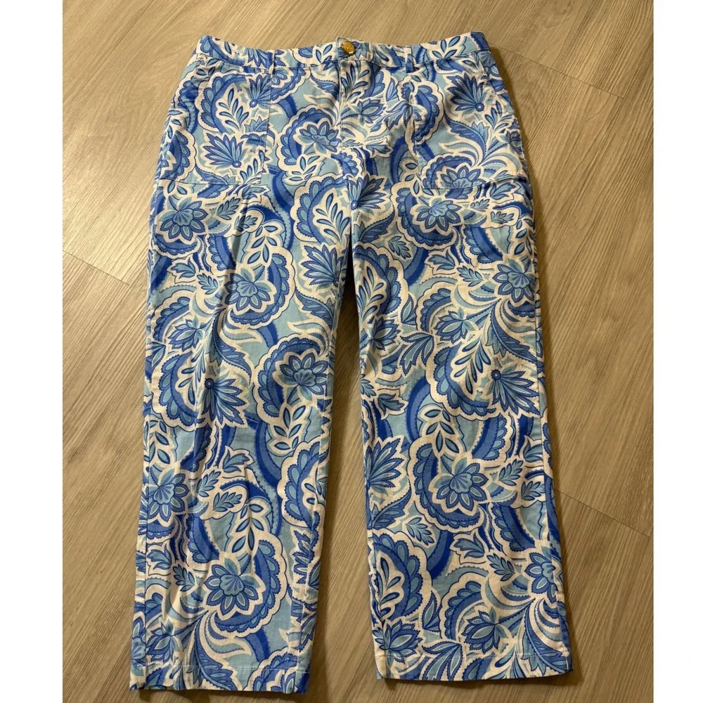Stella Parker Blue Paisley Floral Straight Leg Pants Womens 12 Cotton Blend
